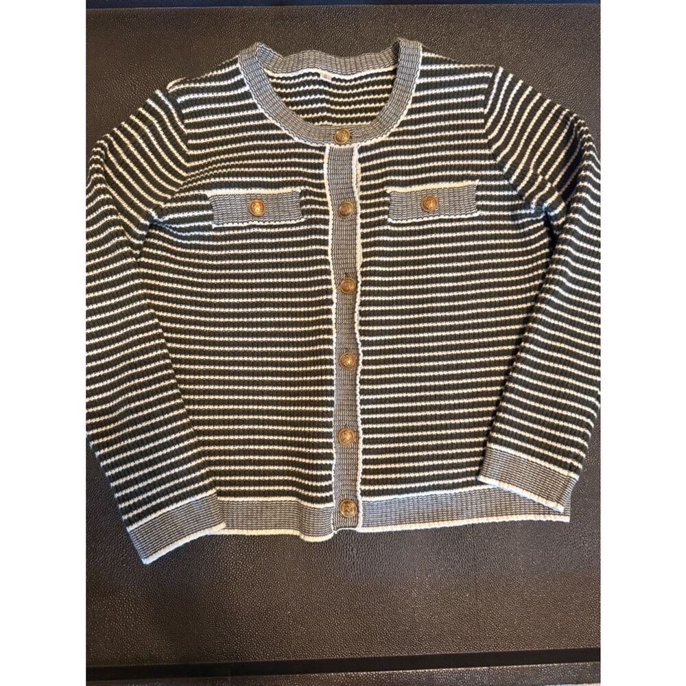 Striped Dark Gray and White Button-Front Cardigan Sweater Lady Jacket size small